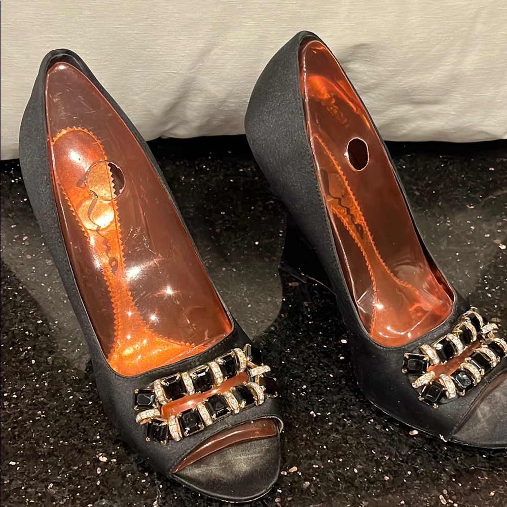 Elegant Black Peep-Toe Heels with Embellishments